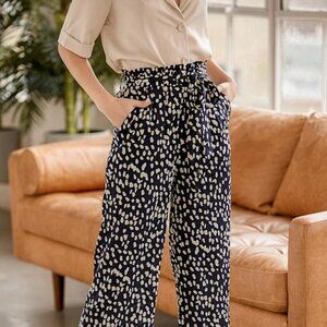 Lulus Spotted You Navy Blue Leopard Print Paperbag Waist Pants - Size S